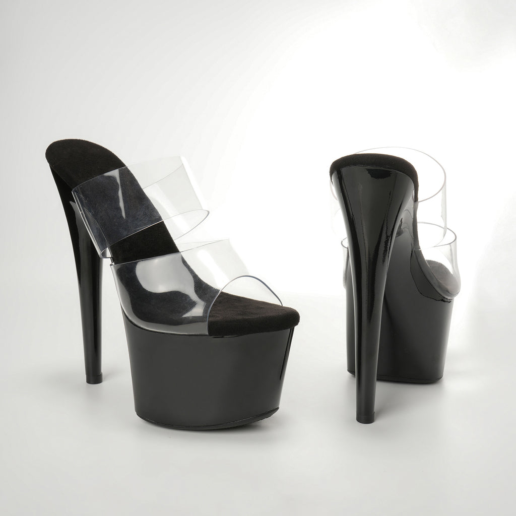 WUXIN H&P 7 Inch Clear Platform Slide Heels | Double Strap | Black, Red, Clear & White | US Size 5-14