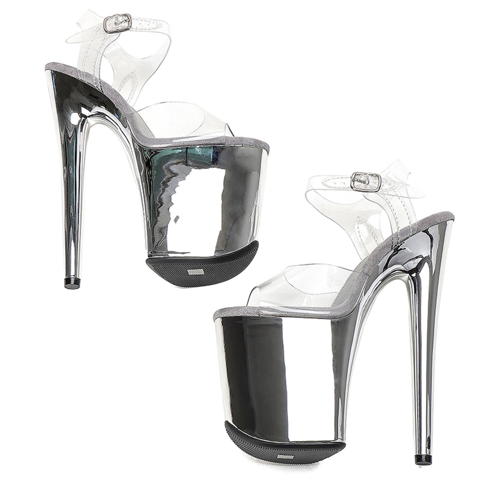 WUXIN H&P 8 Inch Chrome Platform Pole Dance Heels | Electroplated | Silver & Black | US Size 5-14