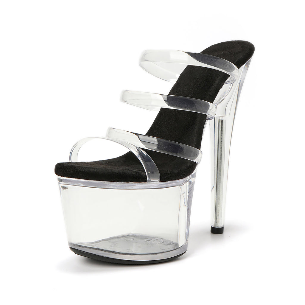 WUXIN H&P 7 Inch Clear Platform Slide Heels | Triple Strap | Clear & Red | US Size 5-14