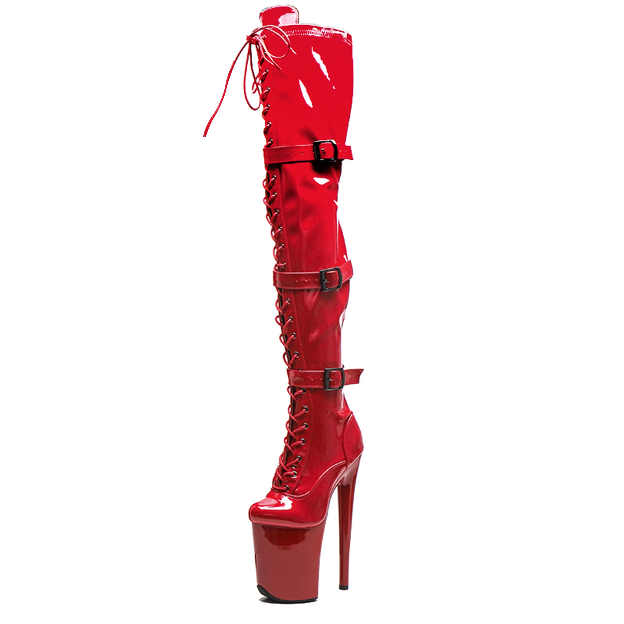 WUXIN H&P 8 Inch Over-the-Knee Pole Dance Boots | Lace-Up Buckle Strap | Black & Red | US Size 6-12