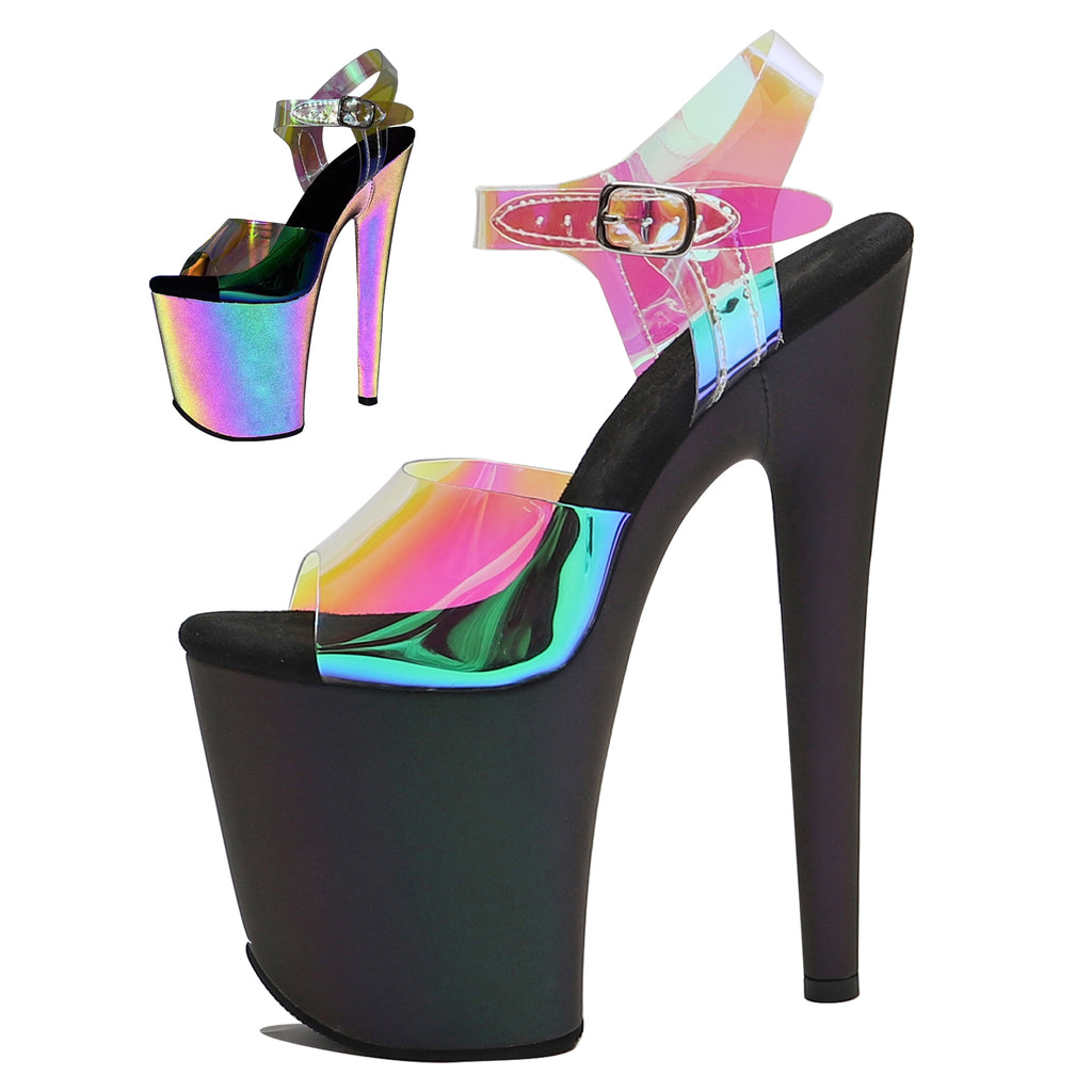 WUXIN H&P 8 Inch Holographic Platform Sandals | Rainbow PVC Strap | Black | US Size 5-13