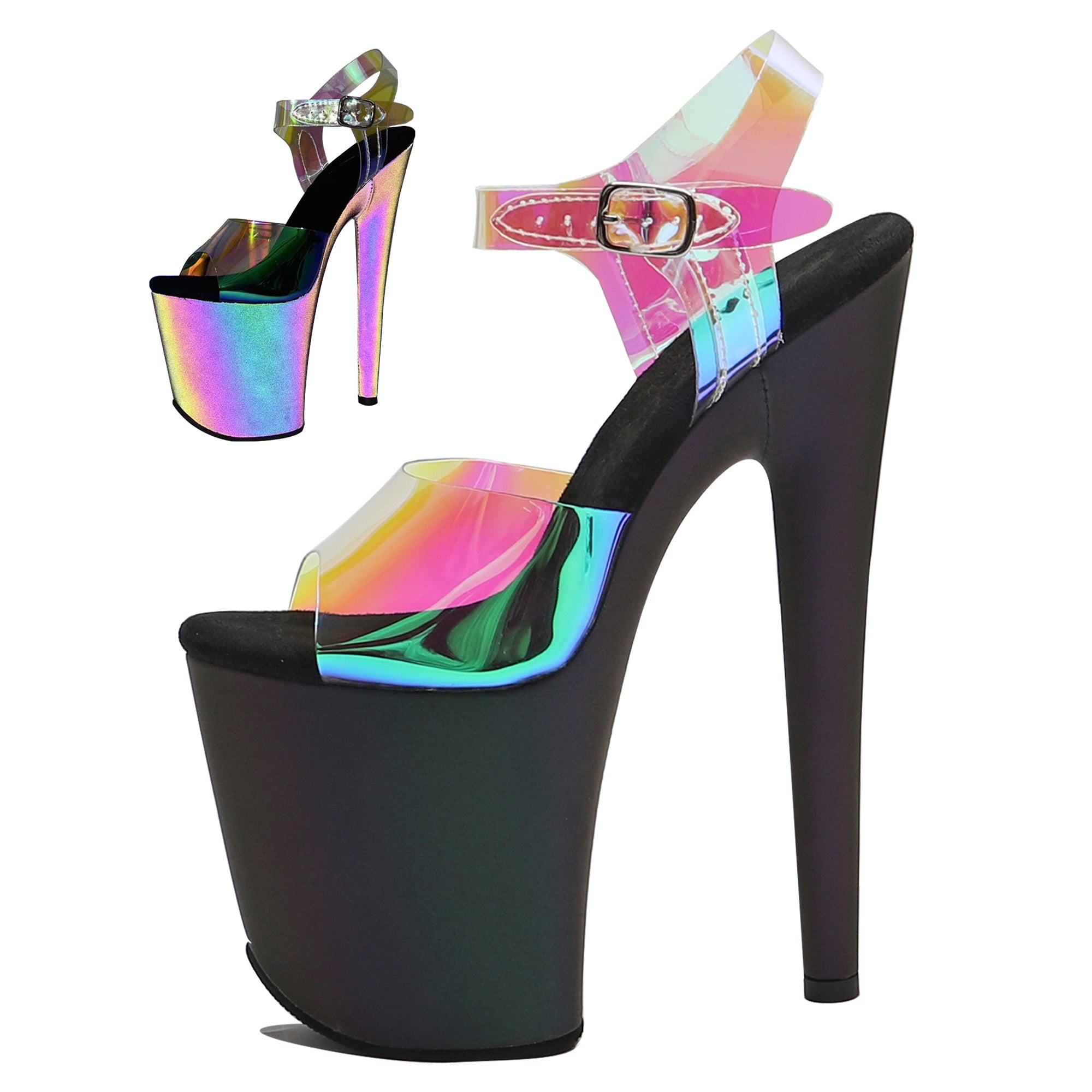 WUXIN H&P 8 Inch Holographic Platform Sandals | Rainbow PVC Strap | Black | US Size 5-13