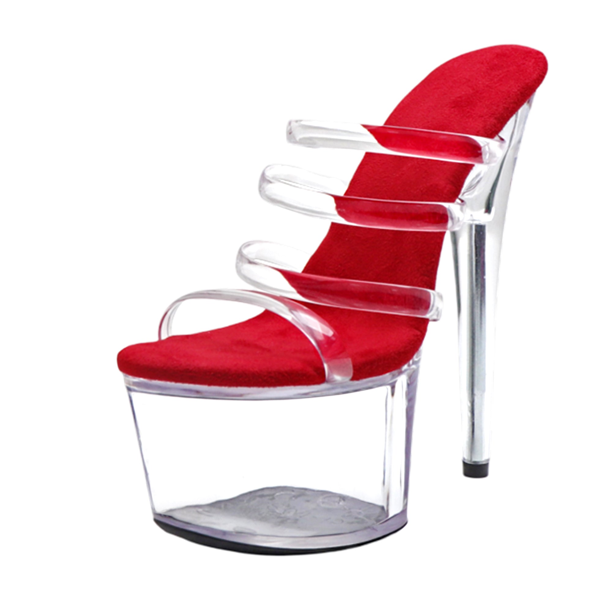 WUXIN H&P 7 Inch Clear Platform Slide Heels | Triple Strap | Clear & Red | US Size 5-14