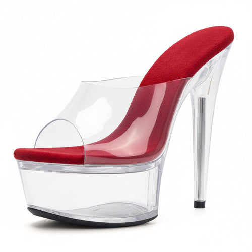 WUXIN H&P 6 Inch Clear Stiletto Slide Heels | Peep Toe | Red, Clear & Black | US Size 5-13