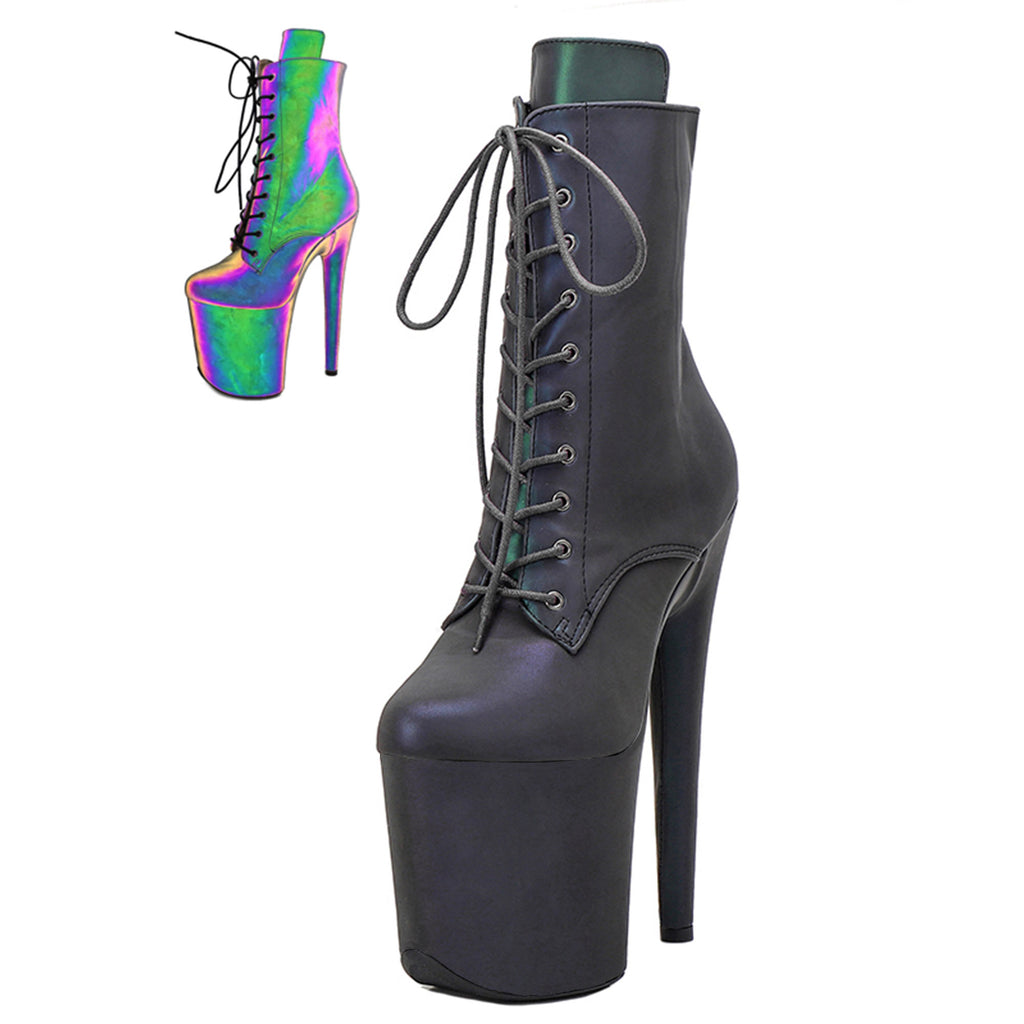 WUXIN H&P 8 Inch Reflective Holographic Pole Dance Ankle Boots | Lace-Up | Black | US Size 6-13