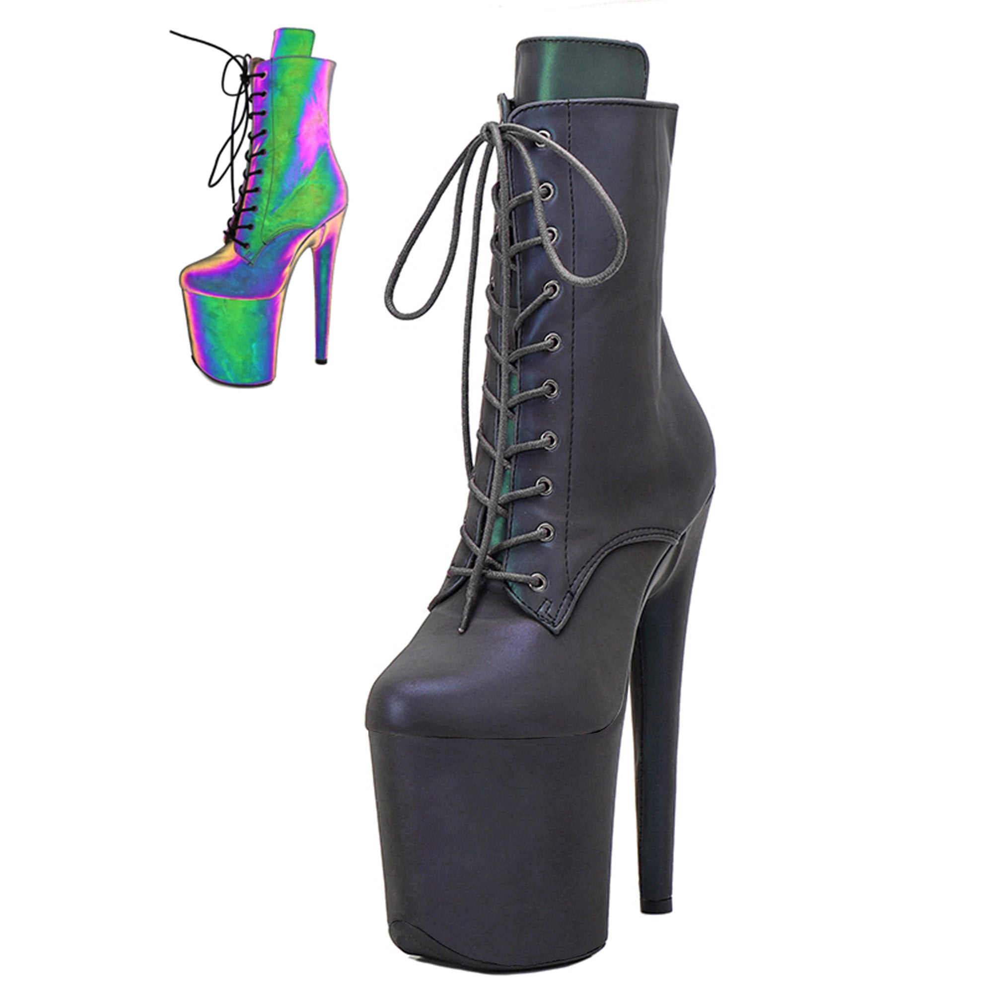 WUXIN H&P 8 Inch Reflective Holographic Pole Dance Ankle Boots | Lace-Up | Black | US Size 6-13