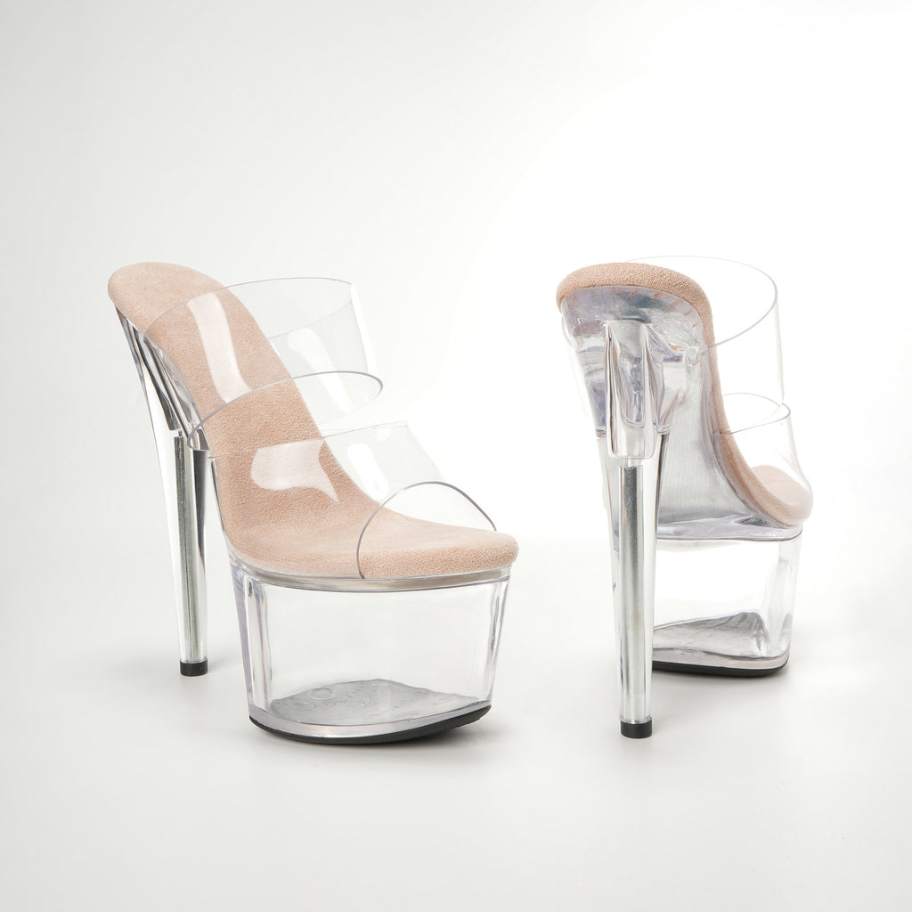 WUXIN H&P 7 Inch Clear Platform Slide Heels | Double Strap | Black, Red, Clear & White | US Size 5-14