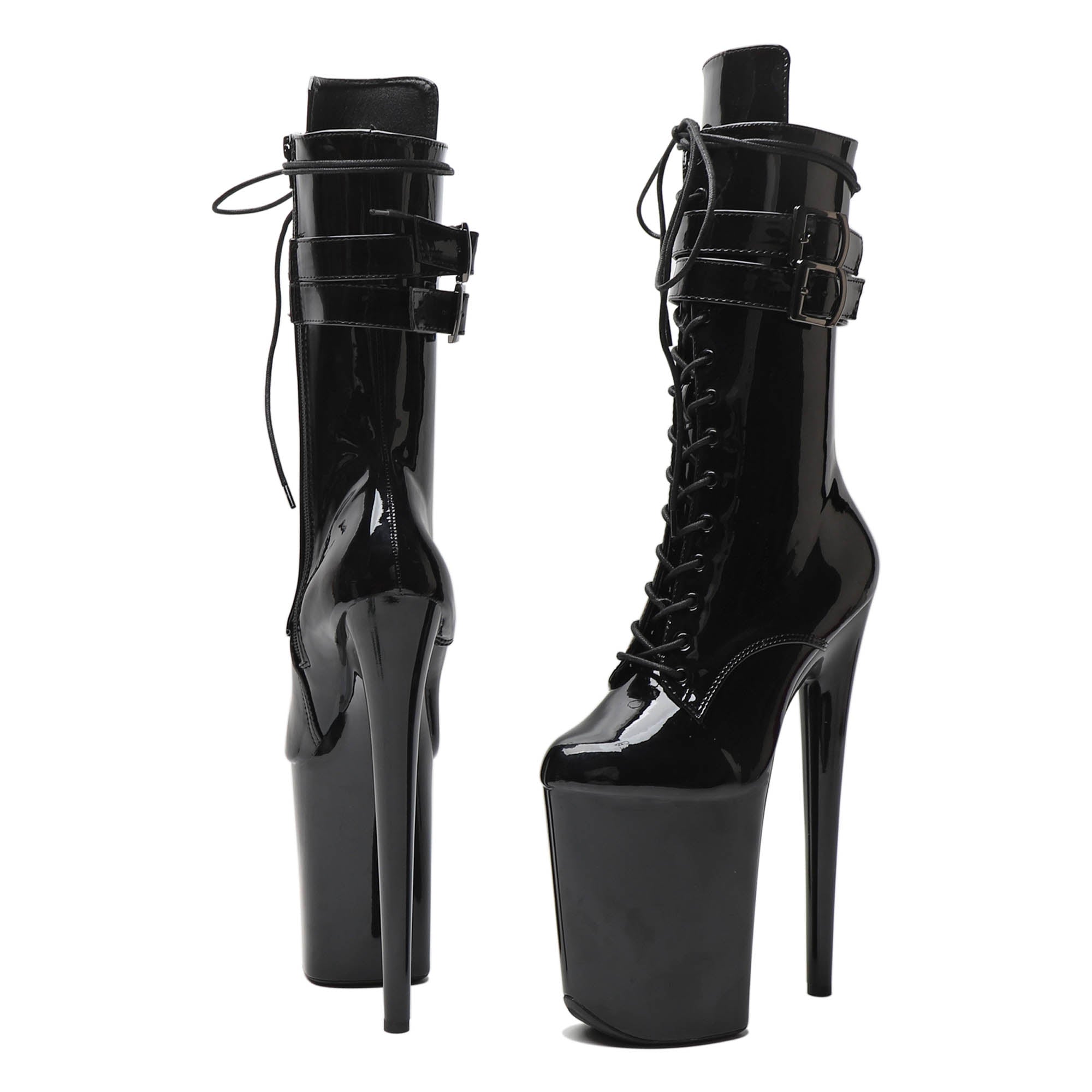WUXIN H&P 9 Inch Platform Pole Dance Ankle Boots | Patent Leather Lace-Up | Black & Red | US Size 6-12