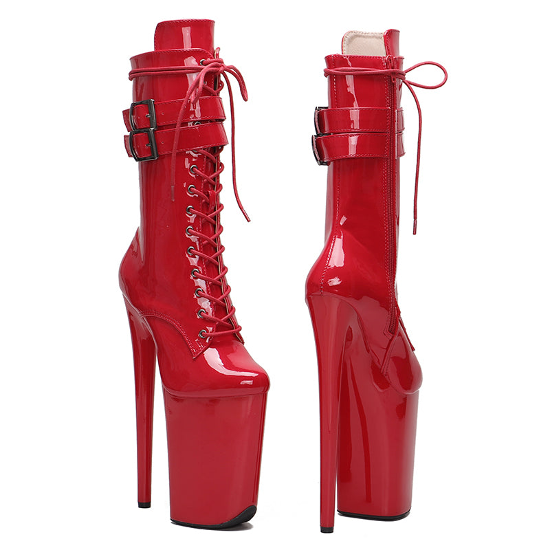 WUXIN H&P 9 Inch Platform Pole Dance Ankle Boots | Patent Leather Lace-Up | Black & Red | US Size 6-12