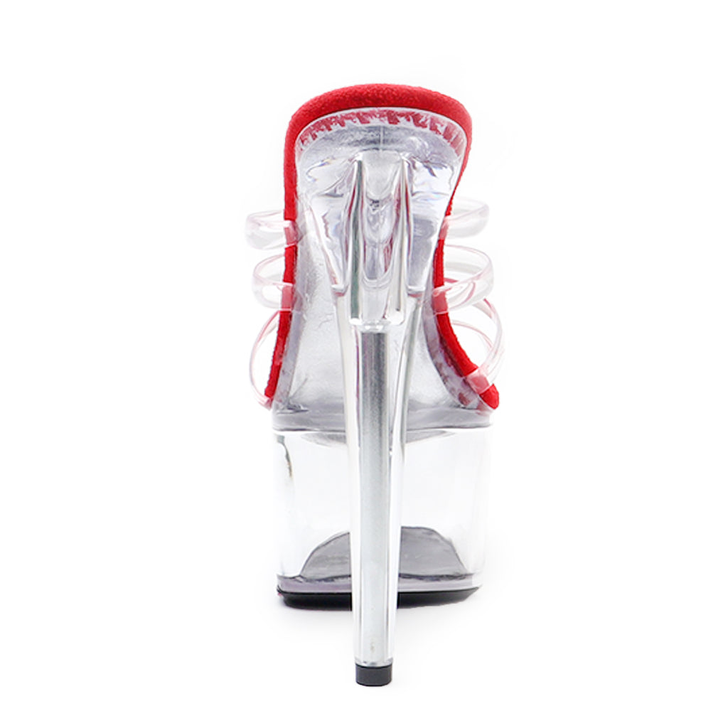WUXIN H&P 7 Inch Clear Platform Slide Heels | Triple Strap | Clear & Red | US Size 5-14
