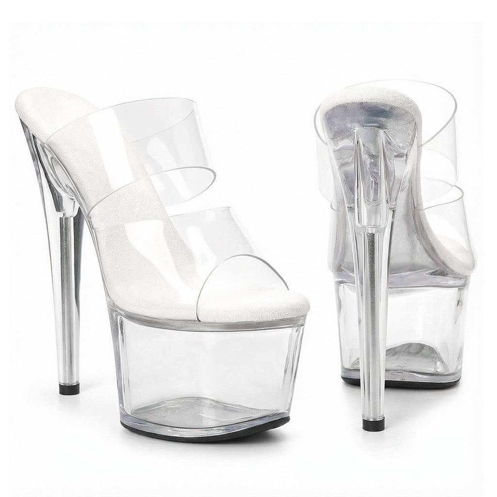 WUXIN H&P 7 Inch Clear Platform Slide Heels | Double Strap | Black, Red, Clear & White | US Size 5-14