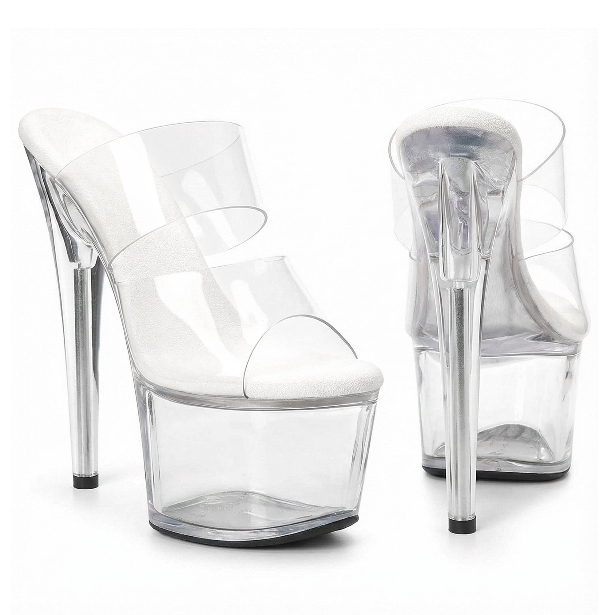 WUXIN H&P 7 Inch Clear Platform Slide Heels | Double Strap | Black, Red, Clear & White | US Size 5-14