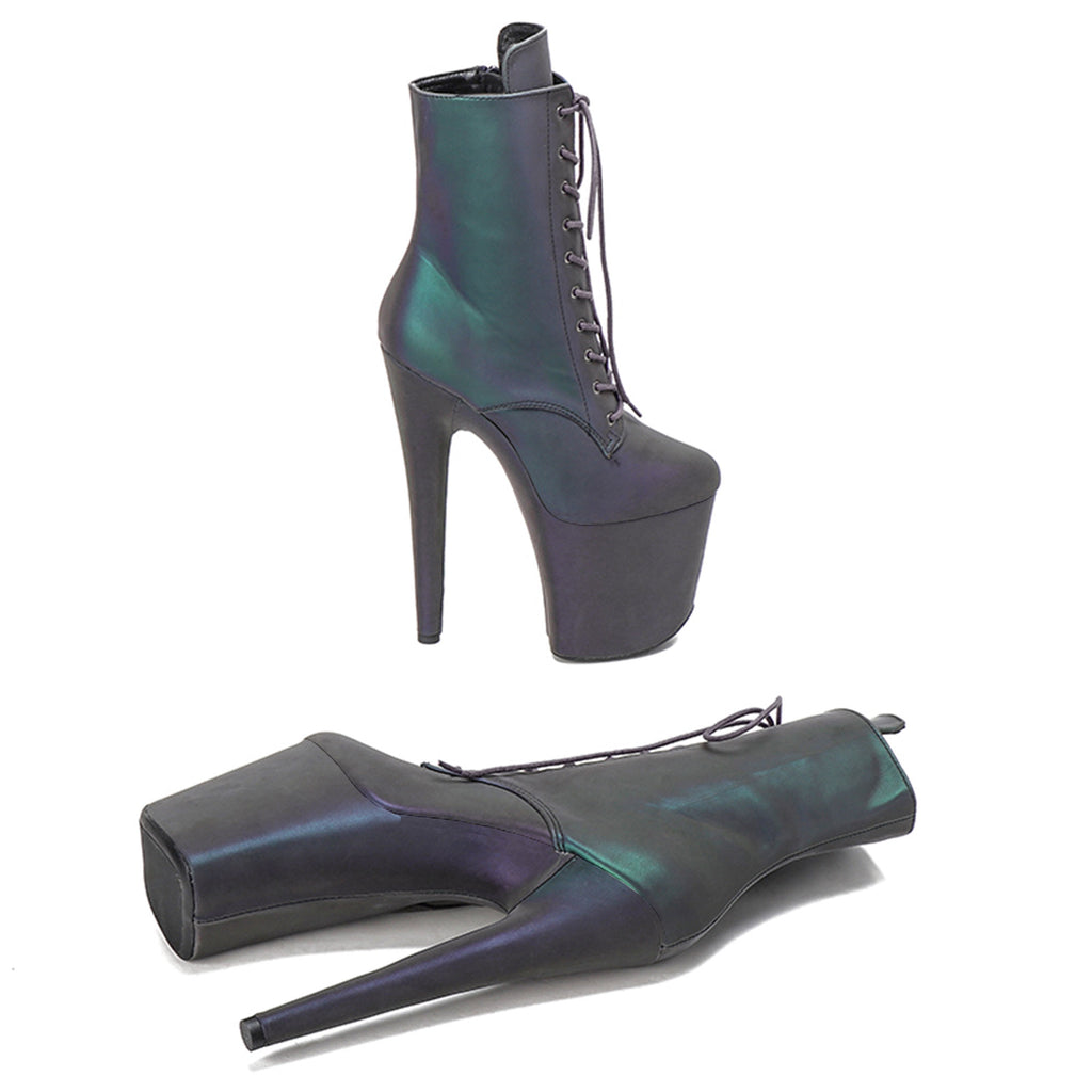 WUXIN H&P 8 Inch Reflective Holographic Pole Dance Ankle Boots | Lace-Up | Black | US Size 6-13