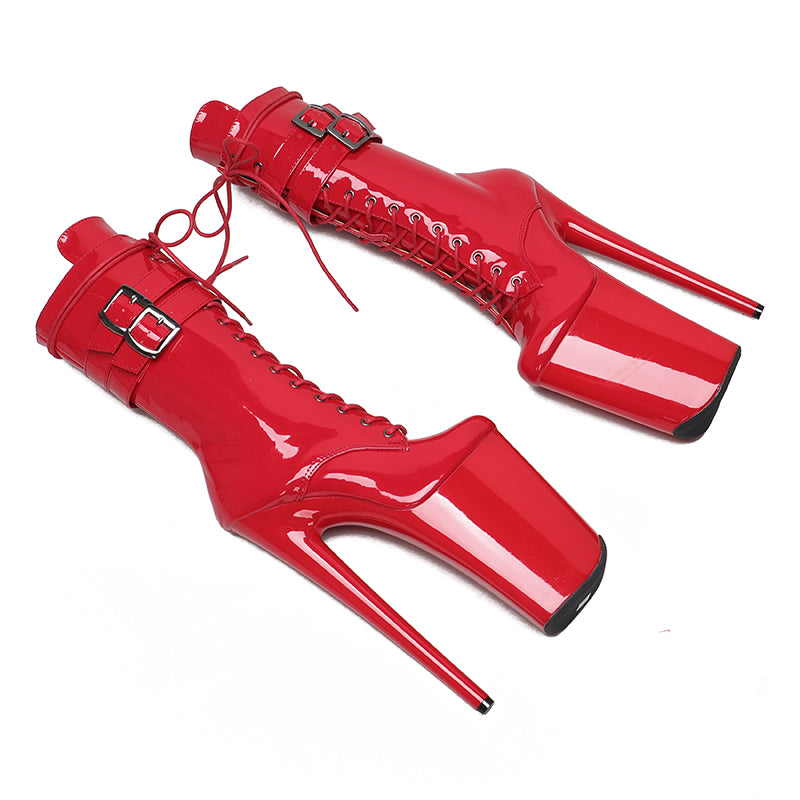 WUXIN H&P 9 Inch Platform Pole Dance Ankle Boots | Patent Leather Lace-Up | Black & Red | US Size 6-12