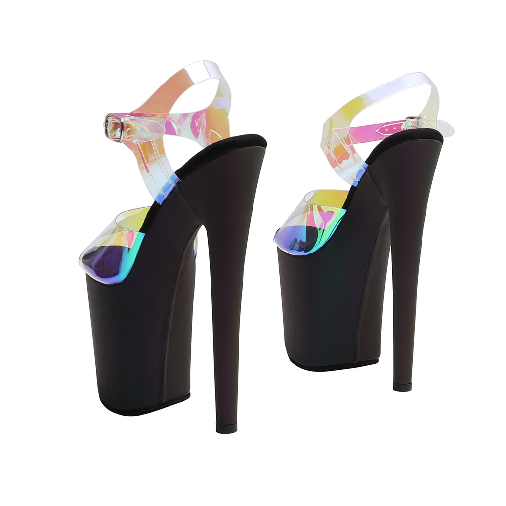 WUXIN H&P 8 Inch Holographic Platform Sandals | Rainbow PVC Strap | Black | US Size 5-13
