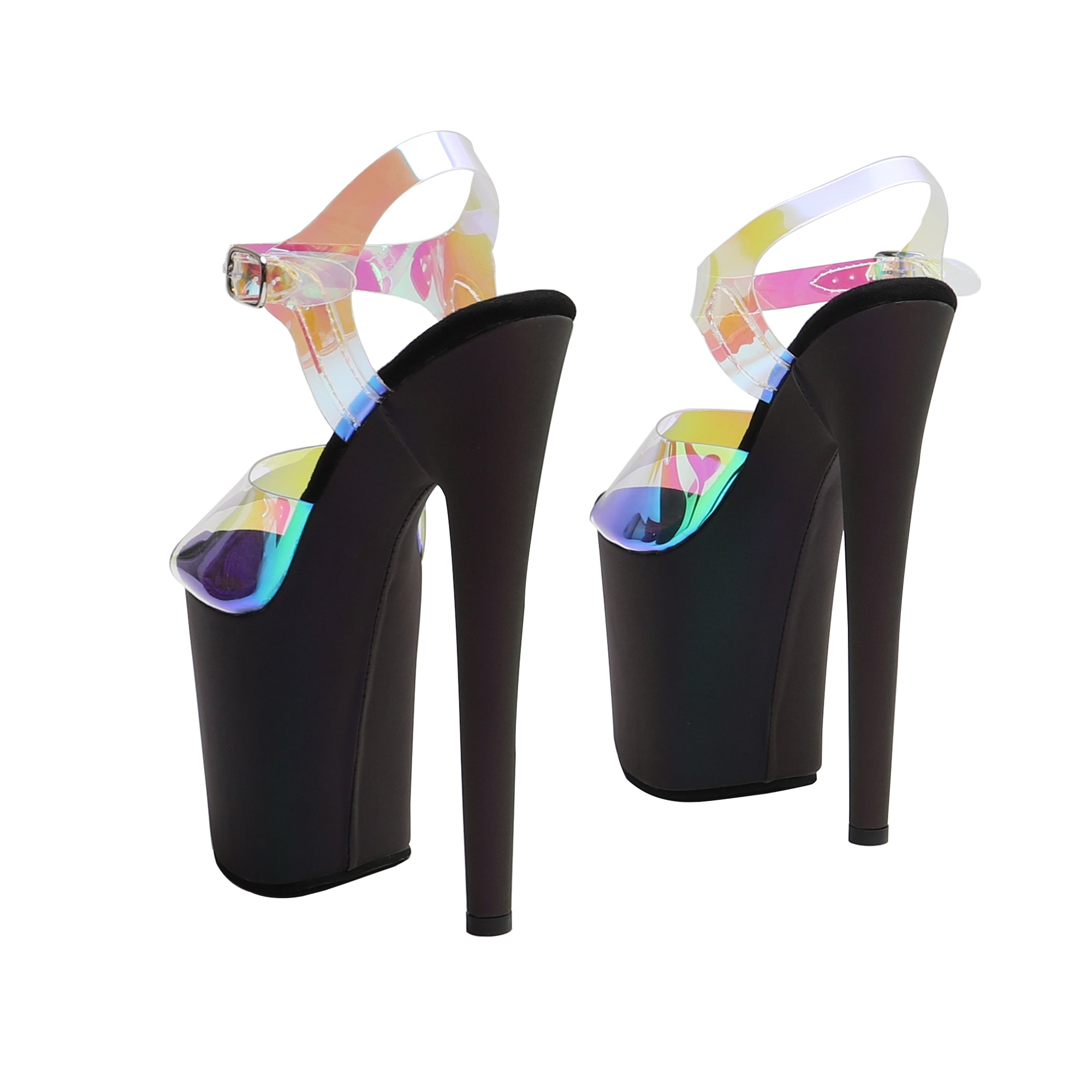 WUXIN H&P 8 Inch Holographic Platform Sandals | Rainbow PVC Strap | Black | US Size 5-13
