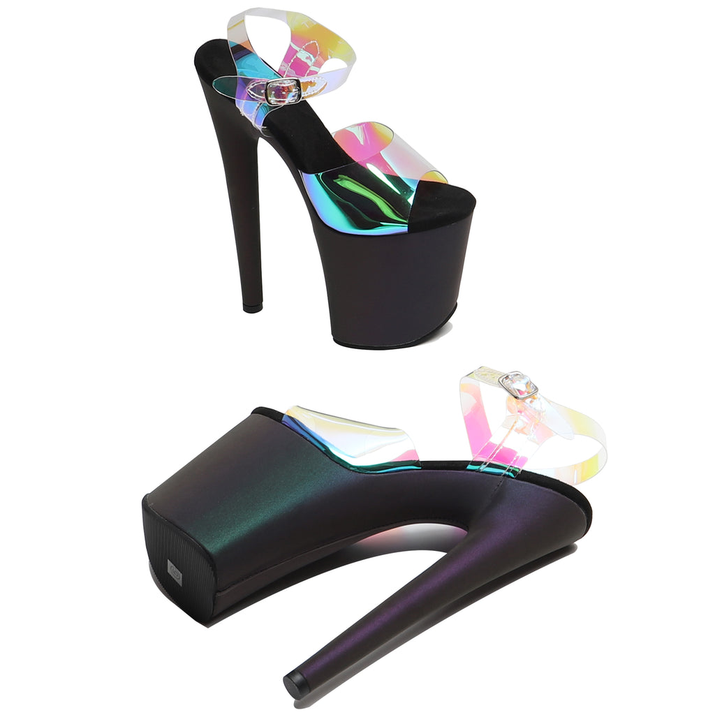 WUXIN H&P 8 Inch Holographic Platform Sandals | Rainbow PVC Strap | Black | US Size 5-13