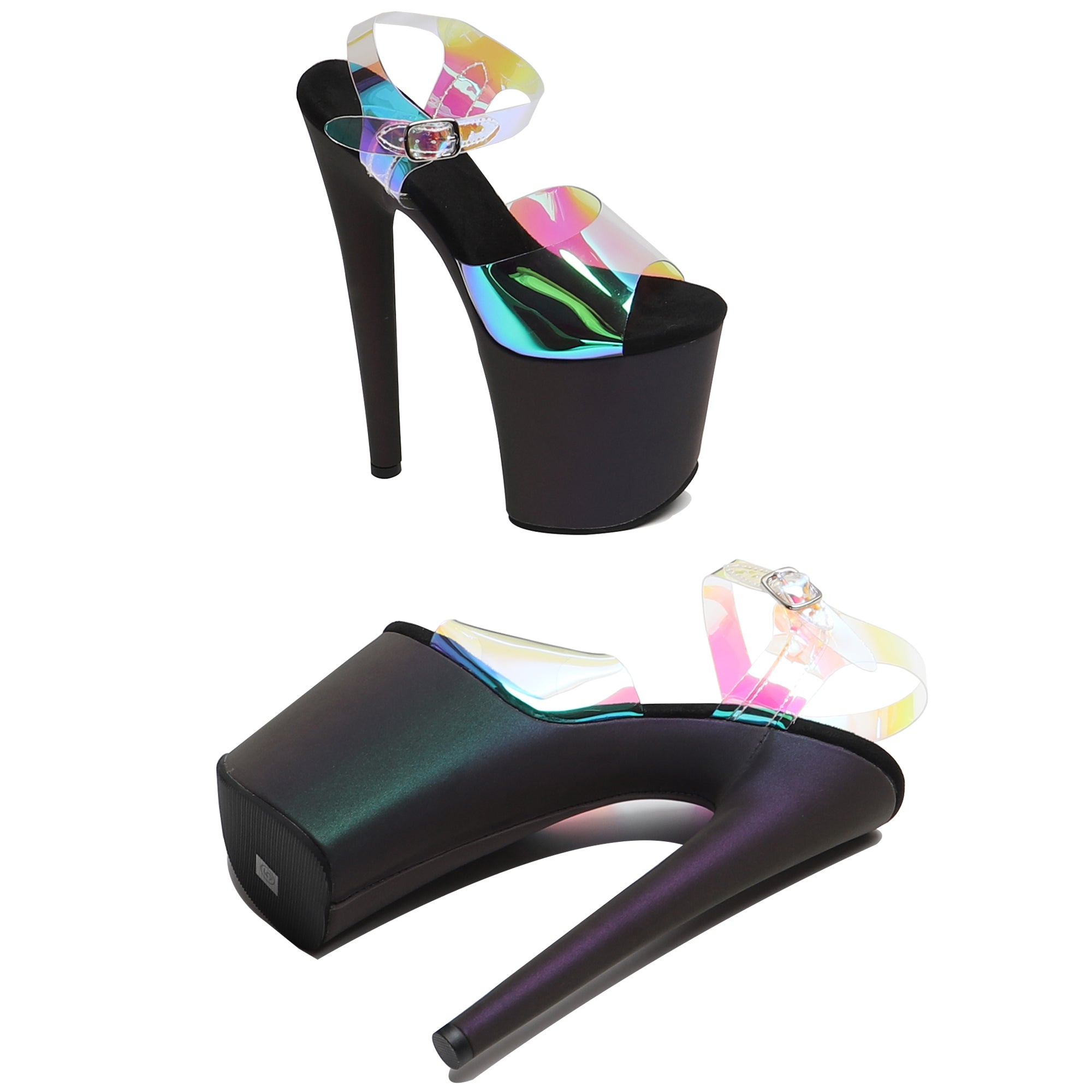 WUXIN H&P 8 Inch Holographic Platform Sandals | Rainbow PVC Strap | Black | US Size 5-13