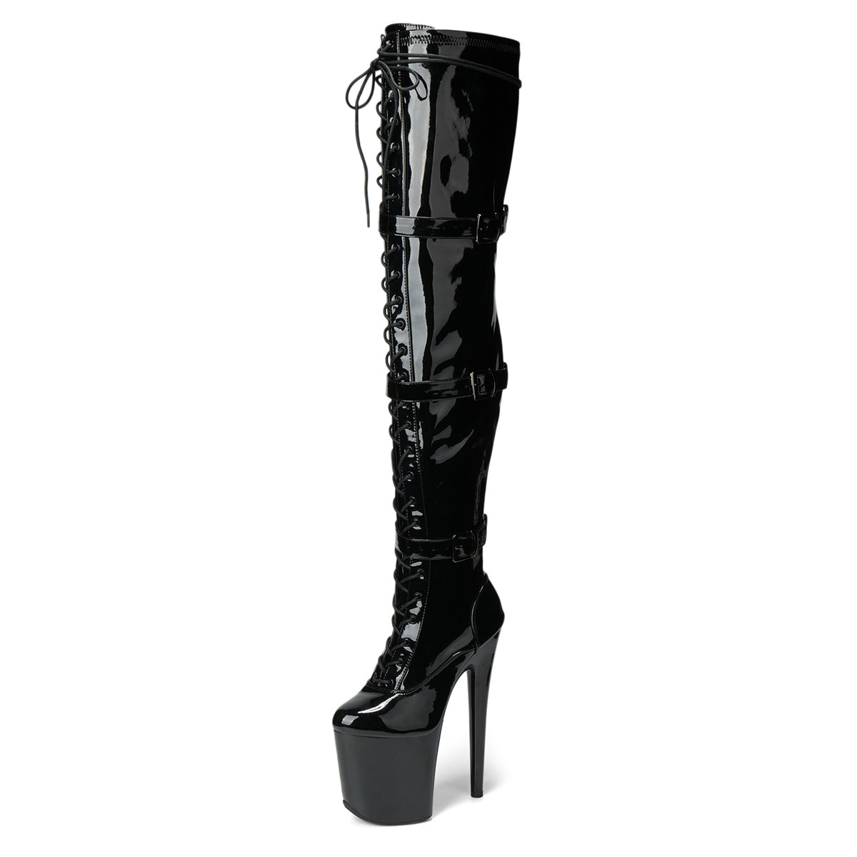 WUXIN H&P 8 Inch Over-the-Knee Pole Dance Boots | Lace-Up Buckle Strap | Black & Red | US Size 6-12