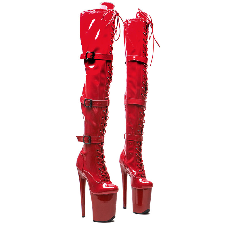 WUXIN H&P 8 Inch Over-the-Knee Pole Dance Boots | Lace-Up Buckle Strap | Black & Red | US Size 6-12
