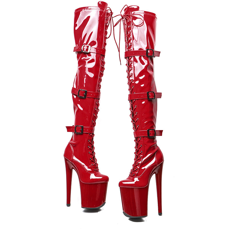 WUXIN H&P 8 Inch Over-the-Knee Pole Dance Boots | Lace-Up Buckle Strap | Black & Red | US Size 6-12